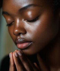 A close up of a woman's face with her eyes closed and her hands clasped together
