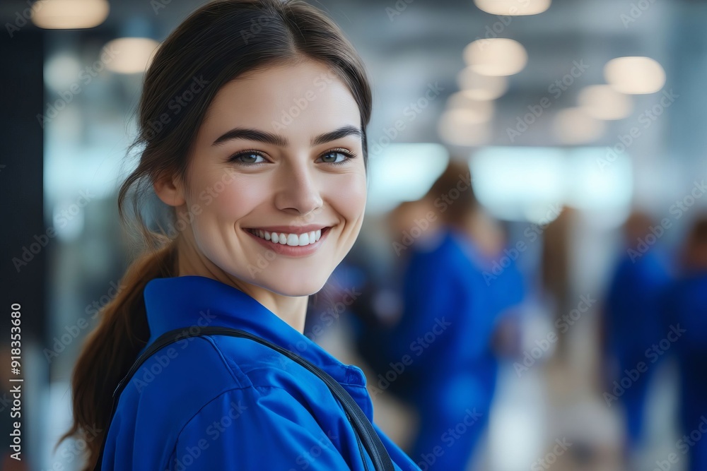 Sticker a woman in a blue uniform smiles at the camera