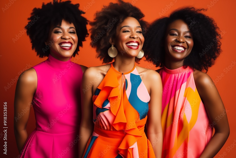 Wall mural three women with curly hair are smiling and wearing colorful dresses. concept of joy and happiness, 