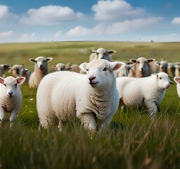 Fototapeta premium White lamb in field in front of other animals