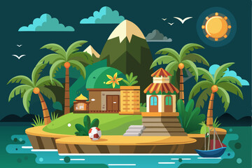 Obraz premium Tropical Island with House, Palm Trees, and a Mountain