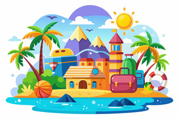 Obraz premium Colorful Illustration of a Tropical Island with a Beach, Palm Trees, and Buildings