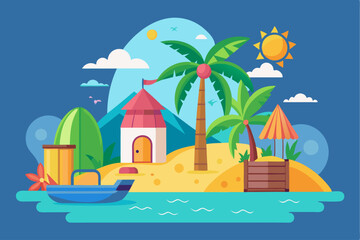 Idyllic Tropical Beach Scene with Hut, Palm Trees, and Boat