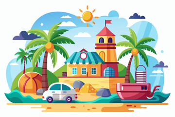 A Beach Scene with a House, Palm Trees, and a Car