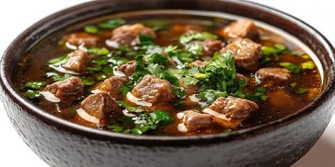 Close-Up of Beef Soup with Parsley in a Brown Bowl - Food Photography