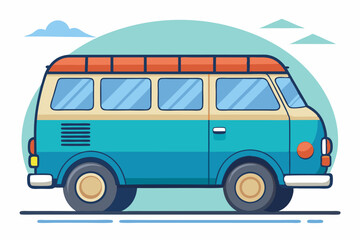 A Blue and Cream Vintage Van with an Orange Roof Rack