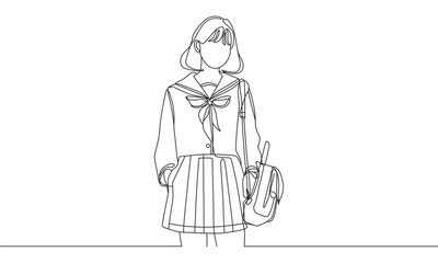 Single line drawing of asian women in school uniform eps 10