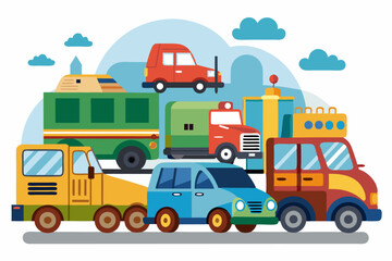 Colorful Vehicles with Clouds and Road