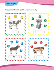 Learn to Spell worksheet. Children can strengthen their language abilities by arranging letters to correctly spell out corresponding images. 