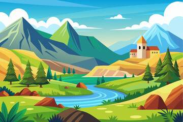 Serene Mountain Landscape with Winding River and Village