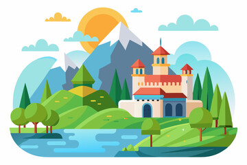 A fairytale castle nestled in a picturesque mountain valley with a river and trees