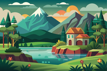 Tranquil Cottage by a Lake in a Mountainous Landscape