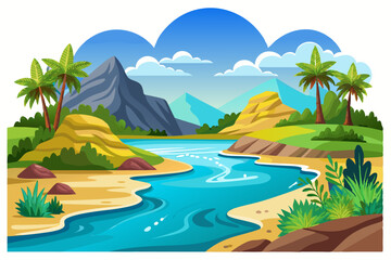 Serene River Winding Through a Tropical Landscape with Palm Trees