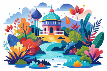 Fototapeta premium Colorful Illustration of a Pagoda in a Lush Garden with a Waterfall and a River