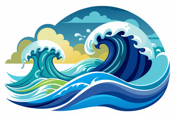 Two Large Blue Ocean Waves with White Foam and Clouds