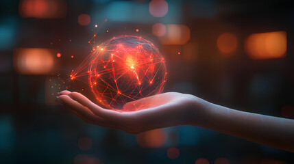 Metaverse Technology Concept. Woman's hand holding global network connection. Internet communication, Wireless connection technology. Polygonal shape of futuristic technology