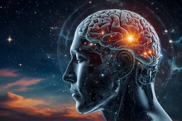 Human mind abstract space science head background. Brain face sky idea universe thought psychology.