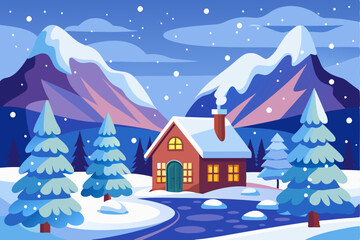 Naklejka premium Cozy Cabin Nestled in Snowy Mountain Valley with a Frozen River