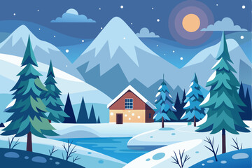 Snowy Mountain Landscape with Cabin and Frozen River