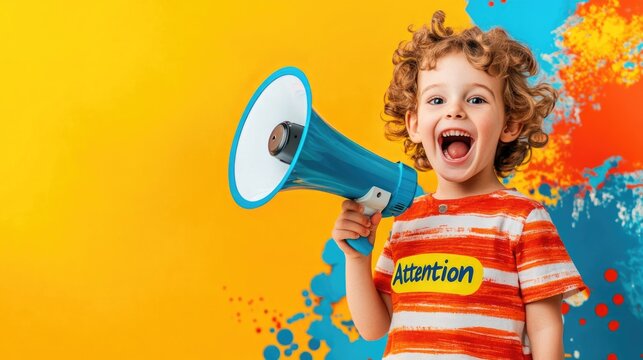 Portrait little small smiling happy boy 6-7 years old in green t-shirt hold scream in megaphone announces discounts sale Hurry up isolated on plain yellow background. Mother's Day love family concept