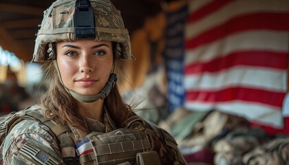 A woman in a military uniform standing in front of an American flag