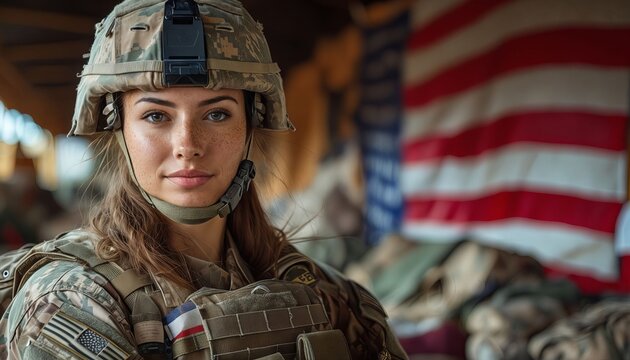 A woman in a military uniform standing in front of an American flag