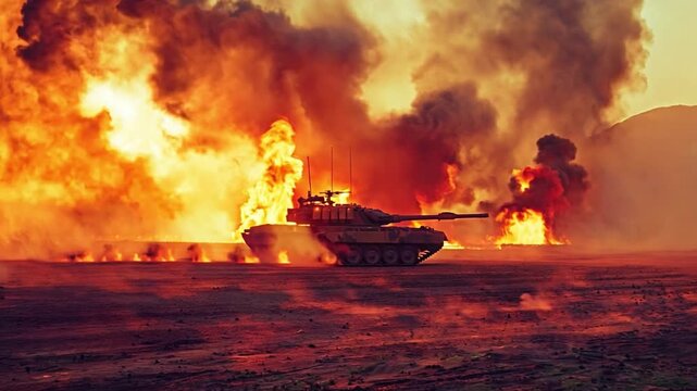 At a war invasion, an armoured tank manoeuvres through a minefield. magnificent fire sight with some in the desert