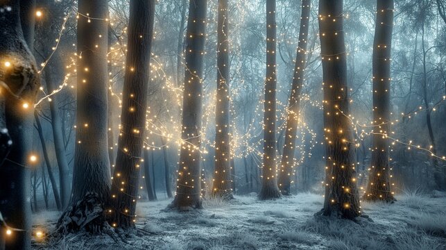 A magical forest scene with trees dusted in sparkling frost and illuminated by strands of delicate fairy lights, creating a dreamy winter holiday landscape.