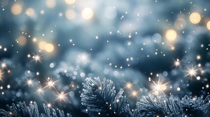 A magical holiday backdrop with twinkling silver and white lights, giving the impression of a frosty winter night filled with starlight and enchantment.