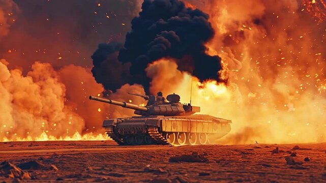 At a war invasion, an armoured tank manoeuvres through a minefield. magnificent fire sight with some in the desert