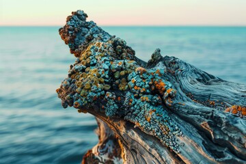 Macro coastal flora.Coastal environment.Underwater world.Marine life.A close-up of a piece of driftwood covered in small, colorful algae, with the ocean in the background blurred