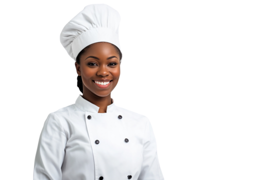 Portrait of black female chef on transparent background