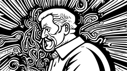 A stylized black and white illustration of a man with a mustache, facing sideways. He has a serious expression, surrounded by swirling lines and patterns that create a dynamic background.