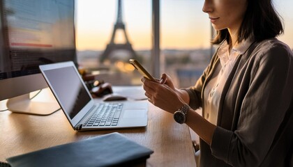 Side view of crop focused woman with dark hair messaging on cellphone while sitting with desktop computer in office in Paris