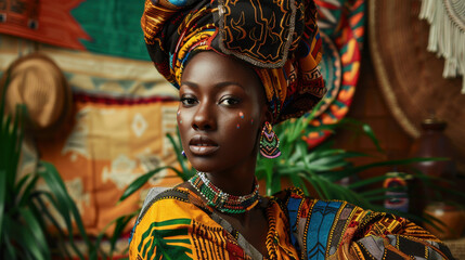 Obraz premium Black woman in traditional African attire, posing with pride in a studio with cultural decor