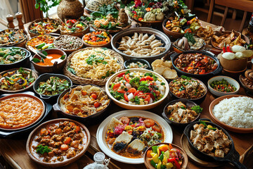 A tantalizing array of dishes from various cuisines spread across a wooden table, enticingly displaying the diversity of culinary art.