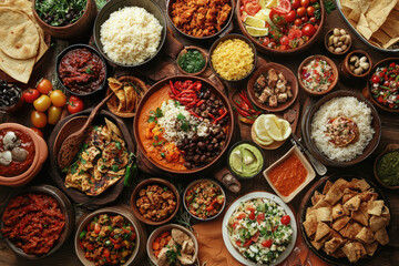 Sumptuous spread featuring diverse Latin-inspired dishes with colorful vegetables, grains, and sauces creating a vibrant culinary masterpiece.