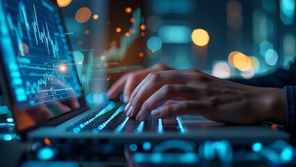 An analyst uses a computer and dashboard for data business analysis and Data Management System with KPI and metrics connected to the database for technology finance, operations, sales, marketing