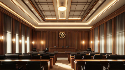 Fototapeta premium Empty Legal Courtroom with Wooden Desks and Black Leather Seating