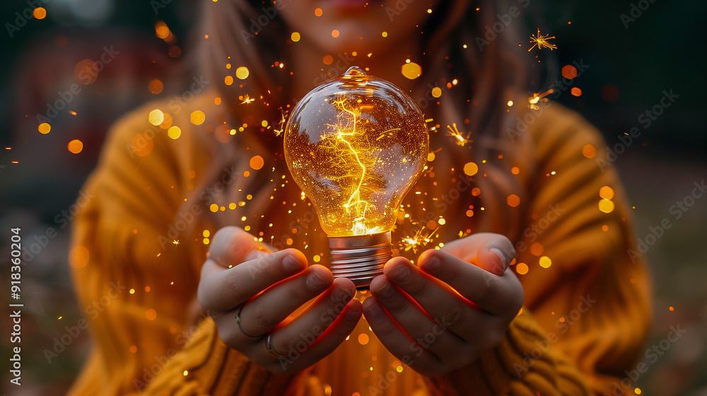 Poster magical light bulb sparkling in hands..