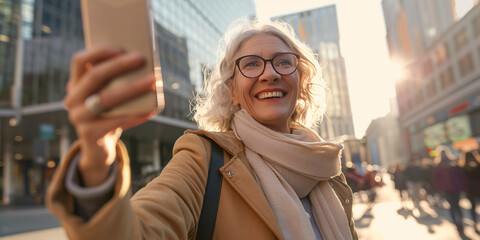 A woman is taking a picture of herself with her cell phone. She is smiling and wearing a scarf. Concept of warmth and happiness
