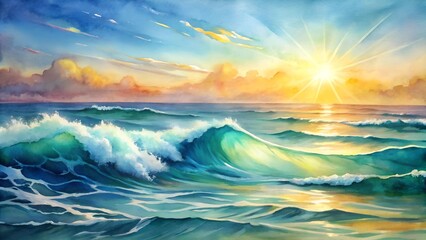 Obraz premium Sun-Dappled Waves: A Vibrant Abstract of Open Sea Swimming AI generated