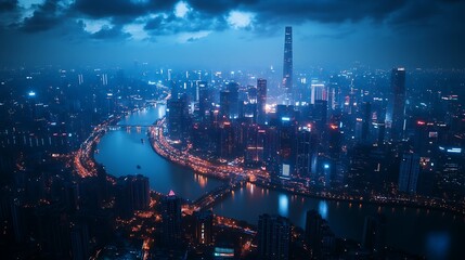 Aerial Shot of Sprawling Urban Landscape at Night with Illuminated Skyscrapers