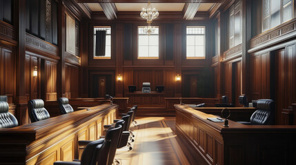Empty Legal Courtroom with Wooden Desks and Black Leather Seating