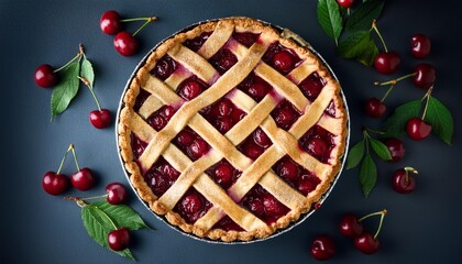 Top view image of cherry pie decorated with lattice