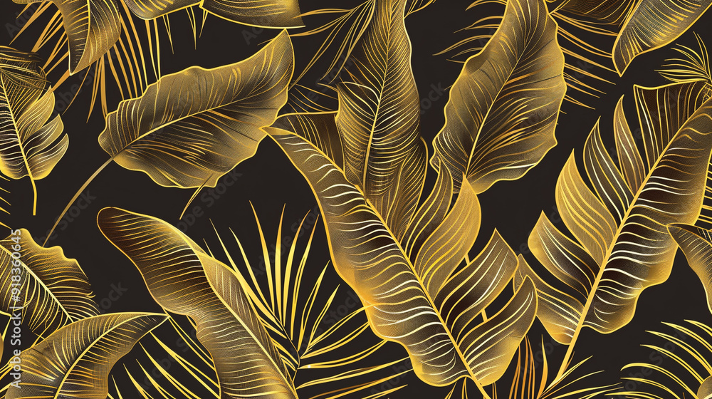 Poster banana leaf pattern using a golden outline with a black background.