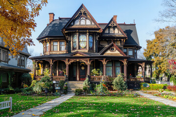 Explore the intricacies of this exquisite Gothic-inspired Victorian mansion surrounded by lush greenery and autumn foliage, a true architectural gem.