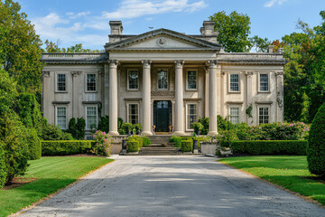 Fototapeta premium A stunning grand neoclassical mansion with towering columns, lush greenery surrounding it, and a beautiful blue sky in the background.