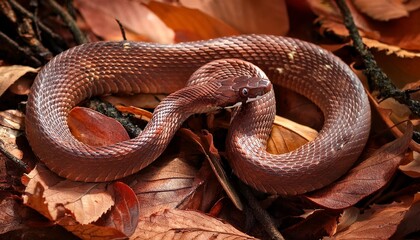 Obraz premium Top view of Calliophis bivirgatus snake resting on dry leaves in woods