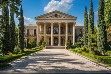 Obraz premium Magnificent neoclassical mansion with towering columns, pristine gardens, and a paved walkway, set against a clear blue sky with fluffy clouds.